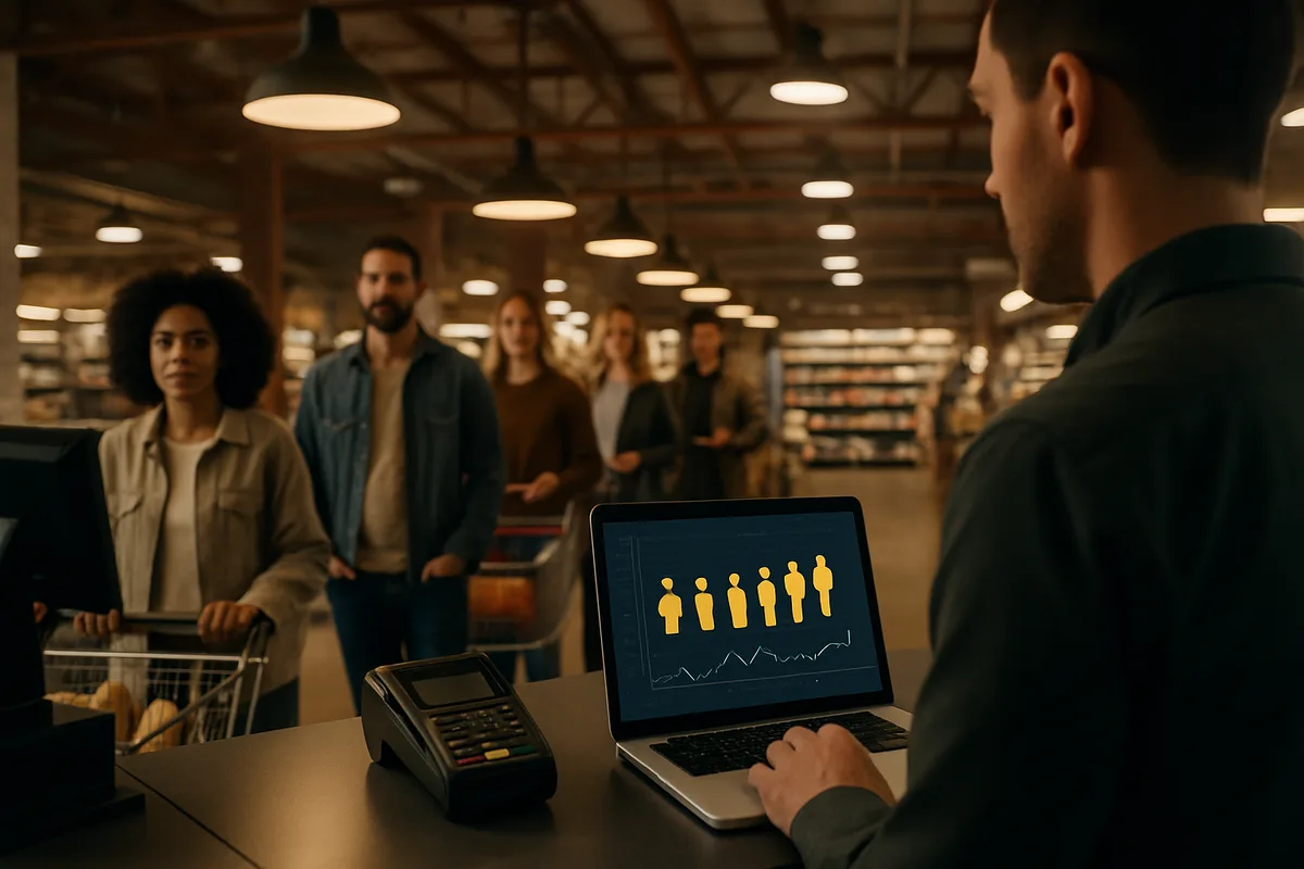 A checkout operator monitors a queue analytics dashboard on a laptop at a grocery store POS terminal, with a line of customers and shopping carts visible in the background