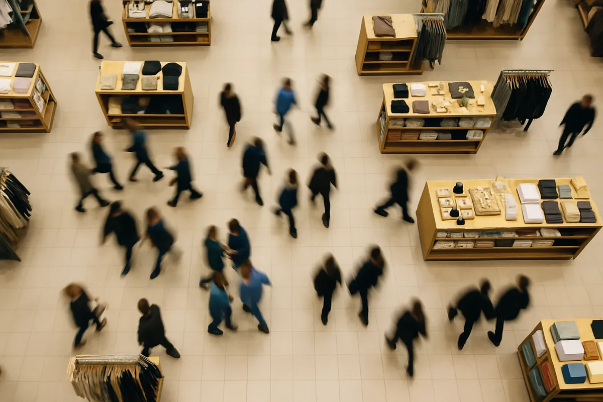 Aerial view of a busy department store floor showing customers moving between organized retail displays and merchandise tables