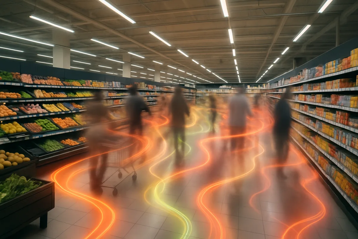 Modern supermarket aisle with motion-blurred shoppers and overlaid orange heat trail visualization showing customer movement patterns and foot traffic density