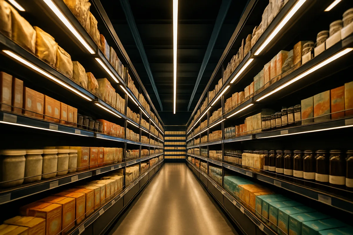 A symmetrical retail store aisle with fully stocked shelves illuminated by warm overhead lighting, viewed from a centered perspective