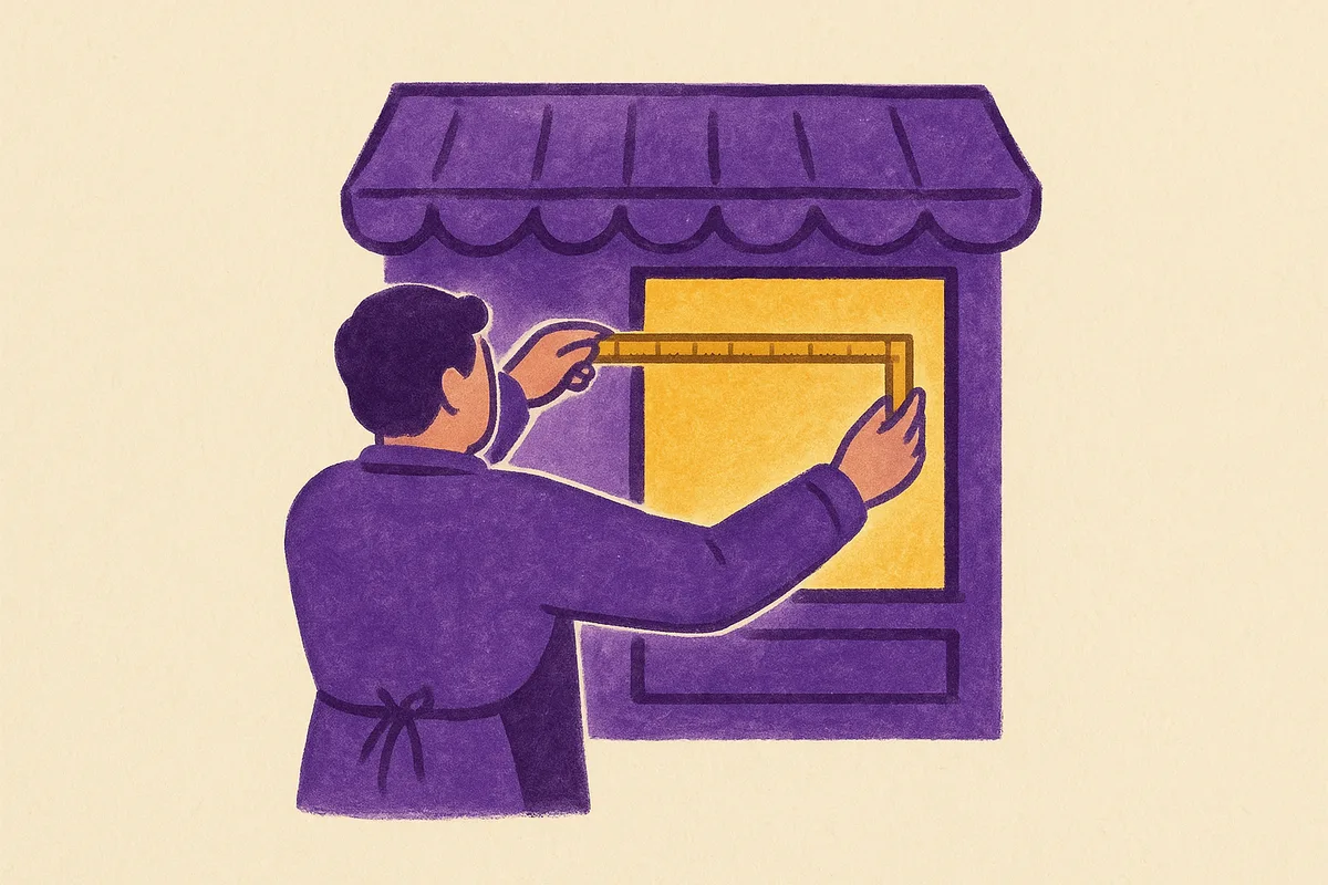 Gouache illustration of a shopkeeper holding a wooden folding ruler up against a small, warmly lit shop window, measuring it before anything is hung in it