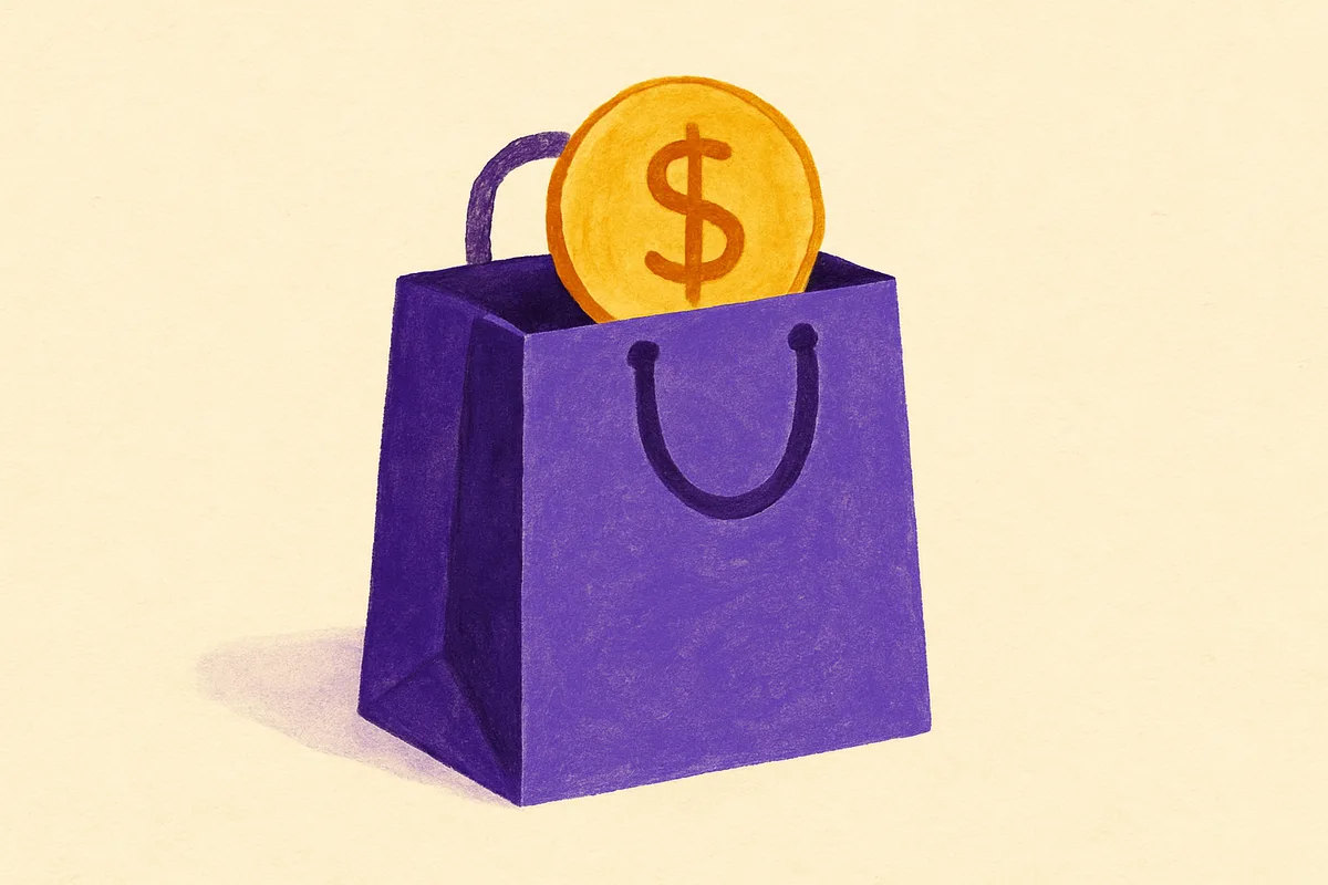 Illustration of a purple shopping bag with a gold dollar-sign coin emerging from the top, symbolizing retail revenue generation
