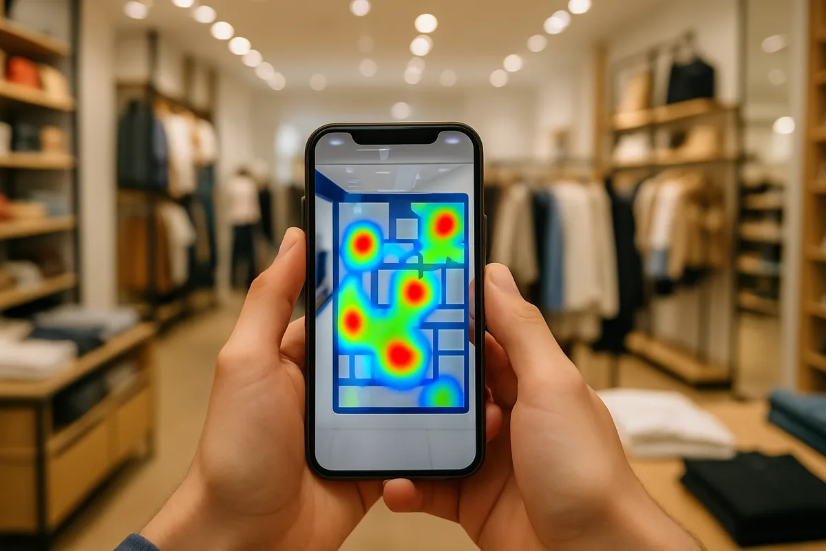 Hands holding a smartphone displaying a heat map overlay of a retail store floor plan, with clothing racks visible in the blurred background