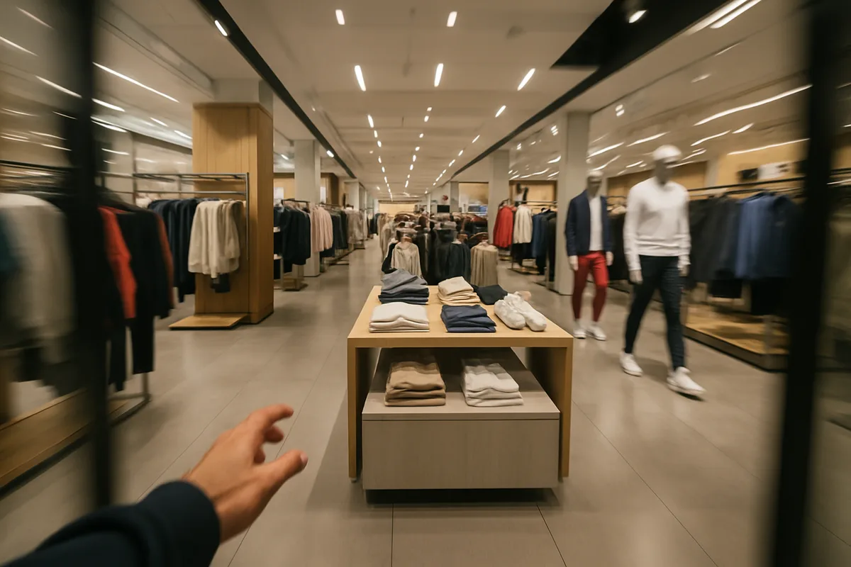 Modern fashion retail store interior with blurred shoppers moving through clothing departments, showing foot traffic flow patterns